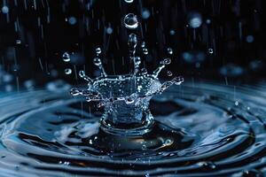 AI generated Water droplet splashes in stop motion on black background. photo