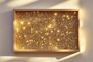 AI generated Gold bronze glitter empty frame on beige gray paper background. Abstract copy space texture. photo