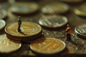 AI generated The concept of differences between employer and employee. Coins and miniature people. photo