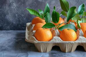 AI generated Cardboard egg tray with tangerines. Creative new years still life photo