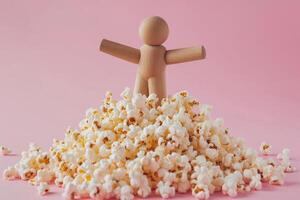 AI generated Wooden brown toy in shape of human jumping in cooked appetizing heap of popcorn on pink background photo