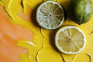 AI generated Moody dried lemon and lime against patterned yellow background photo
