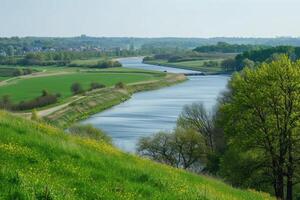 AI generated River with dam, trees, meadows, city in background. photo