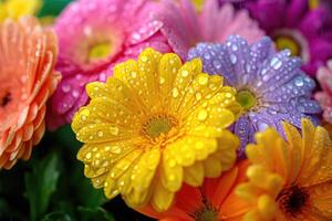 AI generated Close up of a bunch of bright colourful flowers with water droplets Calgary  Alberta  Canada photo