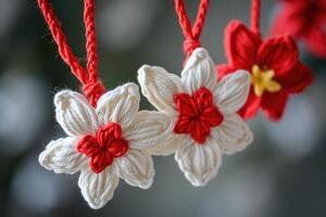 ai generado tradicional rumano martisor hecho a mano tejido a ganchillo símbolo de primavera. foto