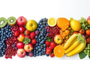 Wide panoramic photo fruits  vegetables  berries for your layout isolated on white background