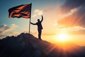 AI generated Businessman holding flag on mountain  success  leadership  achievement. photo