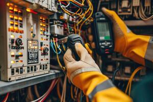 AI generated Electrician conducting electrical maintenance and voltage check. photo