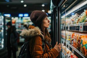 ai generado mujer compras, apertura refrigerador en congelado comida sección foto