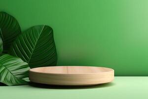 AI generated Modern product display with wood podium and green leaves. photo