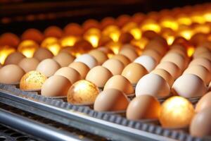 AI generated Chicken egg production in a poultry farm. photo