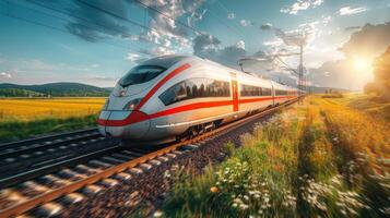 AI generated Train Traveling Along Train Tracks by Lush Green Field photo