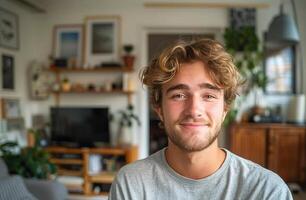 ai generado sonriente hombre con largo pelo y barba foto