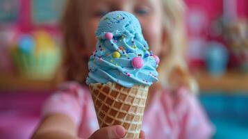 ai generado mano participación azul hielo crema cono con asperja foto