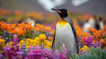 AI generated Penguin Standing in Field of Flowers photo