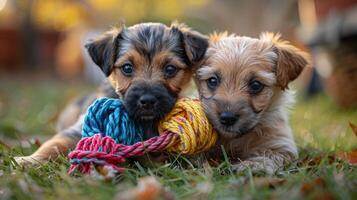 AI generated Two Small Dogs Playing With a Ball in the Grass photo