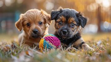 AI generated Two Small Dogs Playing With a Ball in the Grass photo