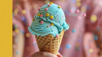 AI generated Hand Holding Blue Ice Cream Cone With Sprinkles photo