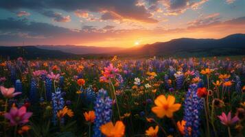 ai generado campo de flores debajo noche cielo foto