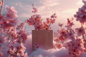 AI generated Wooden Box on Tree With Pink Flowers photo