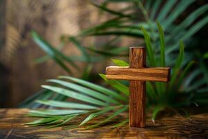 AI generated Wooden Cross on Wooden Table photo
