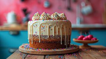 AI generated White Frosting Cake With Sprinkles on Plate photo