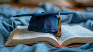 ai generado graduación gorra en libro foto