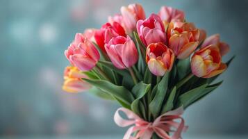 AI generated Bouquet of Pink and Yellow Tulips With Pink Bow photo