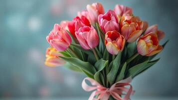 ai generado ramo de flores de rosado y amarillo tulipanes con rosado arco foto