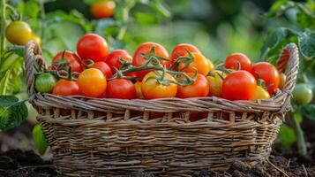 AI generated Basket Filled With Ripe Tomatoes photo