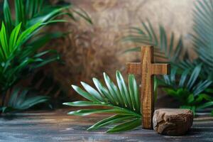 AI generated Wooden Cross on Stone Wall photo