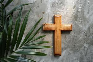 AI generated Wooden Cross on Stone Wall photo