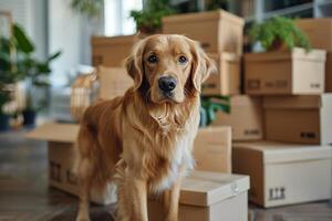 AI generated Brown and White Dog Standing in Front of Pile of Boxes photo