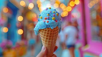 AI generated Hand Holding Blue Ice Cream Cone With Sprinkles photo