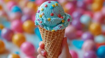 AI generated Hand Holding Blue Ice Cream Cone With Sprinkles photo