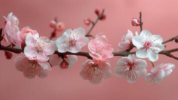 AI generated Branch With White Flowers on Pink Background photo