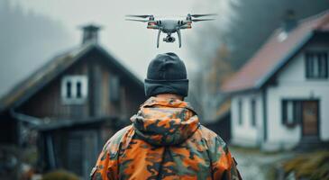 AI generated Man in Camouflage Jacket Looking at Small Airplane photo