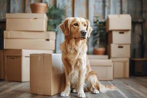 AI generated Brown and White Dog Standing in Front of Pile of Boxes photo