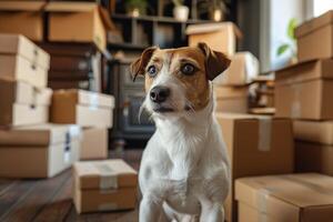 AI generated Brown and White Dog Standing in Front of Pile of Boxes photo