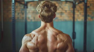 ai generado hombre en pie en gimnasio con espalda a cámara foto