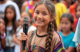 AI generated Young Girl Holding Microphone in Front of Crowd photo