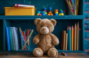 AI generated Brown Teddy Bear Sitting on Wooden Table photo