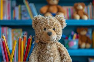 AI generated Brown Teddy Bear Sitting on Wooden Table photo