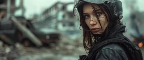 AI generated Woman Wearing Helmet Standing in Front of Building photo