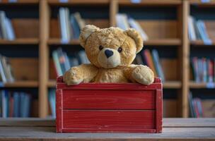 AI generated Brown Teddy Bear Sitting on Wooden Table photo