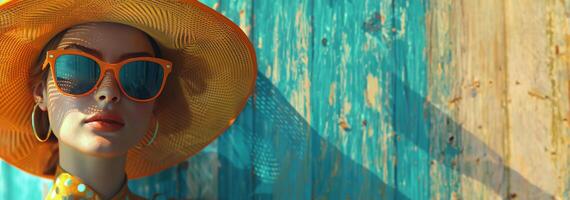 ai generado mujer vistiendo amarillo sombrero y Gafas de sol foto