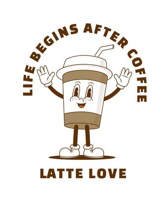 Retro cartoon coffee paper cup character vector illustration. Vintage latte mascot. Funny cappuccino hot drink with motivational phrase