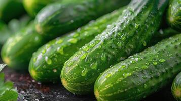 ai generado pila de verde pepinos con agua gotas foto