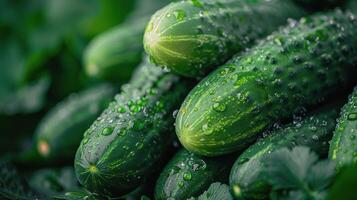 ai generado pila de verde pepinos con agua gotas foto