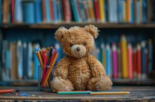 AI generated Brown Teddy Bear Sitting on Wooden Table photo